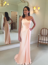 Elegant Light Pink Sheath One Shoulder Chiffon Prom Dress Wedding Guest Dress