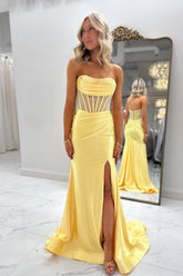 Cute Mermaid Strapless Satin Long Prom Dress with Hot Stone