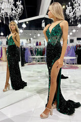 Green Sequin Glass Mirror V-Neck Sleeveless Long Prom Dress, Slit