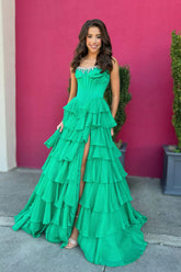 Gorgeous A Line Green Chiffon Tiered Prom Dress with Beading