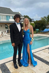 Cute Mermaid V Neck Blue Satin Slit Prom Dress