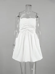 A-Line High Waisted Elasticity Pleated Pockets Solid Color Tube Mini Dresses