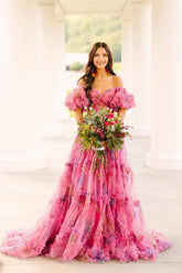 Gorgeous Ball Gown Tiered Pink Floral Tulle Prom Dress