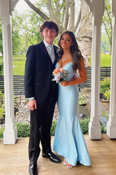 Charming Mermaid V Neck Light Blue Elastic Satin Long Prom Gown