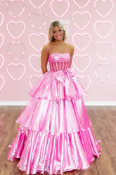 Ball Gown Strapless Pink Organza Ruffle Tiered Long Prom Dresses with Bowknot