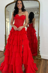 Gorgeous A Line Sweetheart Red Chiffon Tiered Prom Dress with Slit