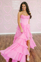 Fashion A Line Sweetheart Pink Tiered Chiffon Prom Dress with Slit