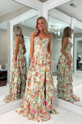 A Line Sweetheart Floral Chiffon Tiered Prom Dress with Slit