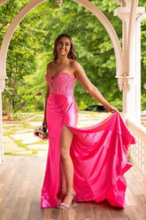 Charming Mermaid Sweetheart Pink Satin Prom Dress with Slit