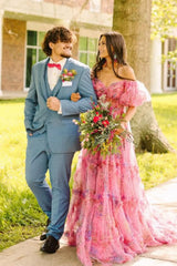 Gorgeous Ball Gown Tiered Pink Floral Tulle Prom Dress