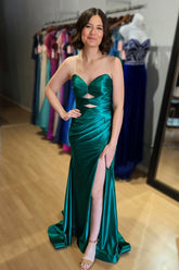 Cute Mermaid Sweetheart Keyhole Green Satin Prom Dress with Slit