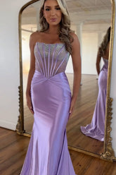 Sparkly Mermaid Strapless Lavender Satin Long Prom Dresses