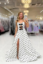 Cute A Line Sweetheart Keyhole White Black Dot Long Prom Dress with Slit