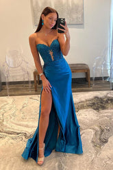 Royal Blue Strapless Mermaid Long Prom Dresses with Appliques