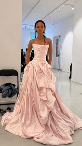 Charming A Line Strapless Pleated Light Pink Satin Prom Dress