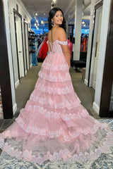 Charming A Line Off the Shoulder Pink Tulle Prom Dresses with Sequins Lace