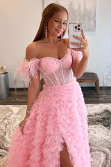A-line Sweetheart Pink Off Shoulder Slit Bustier Feather Prom Gown