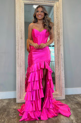 Charming Mermaid V Neck Pink Satin Tiered Prom Dress with Slit