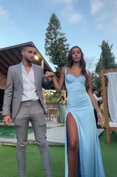 Cute Sheath Sweetheart Light Blue Satin Long Prom Dress with Slit