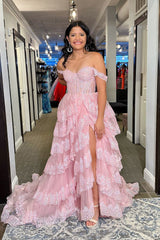 Charming A Line Off the Shoulder Pink Tulle Prom Dresses with Sequins Lace