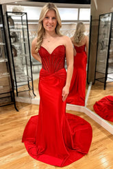 Mermaid Sweetheart Red Satin Prom Dress with Hot Stone