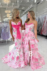Cute A Line Sweetheart Pink Floral Print Satin Prom Dress