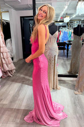 Charming Mermaid V Neck Stretch Satin Prom Dress with Hot Stone