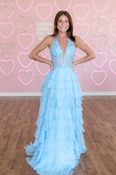 A-Line Halter Light Blue Ruffle Tiered Chiffon Long Prom Dresses with Appliques