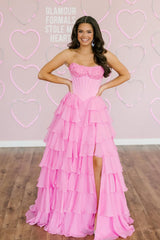Fashion A Line Sweetheart Pink Tiered Chiffon Prom Dress with Slit