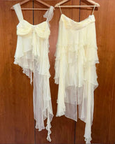 Gentle A Line Two Piece Appliques Tiered Ivory Chiffon Party Dress Evening Dress