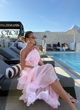 Sweety Pink A Line Halter Layered Chiffon Backless Prom Dress Outfits