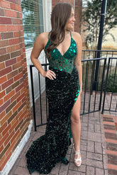 Green Sequin Glass Mirror V-Neck Sleeveless Long Prom Dress, Slit