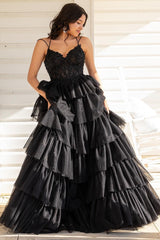 Spaghetti Straps V-neck Tiered Ruffle Lace Corset Tulle Long Prom Dress