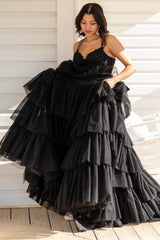 Spaghetti Straps V-neck Tiered Ruffle Lace Corset Tulle Long Prom Dress