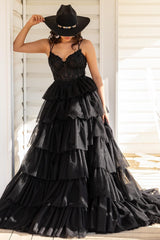 Spaghetti Straps V-neck Tiered Ruffle Lace Corset Tulle Long Prom Dress