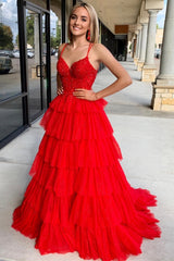 Spaghetti Straps V-neck Tiered Ruffle Lace Corset Tulle Long Prom Dress