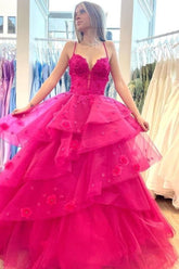 Ball Gown Spaghetti Straps V-Neck Layered Lace Tulle Prom Dress