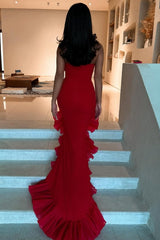 Red Strapless Ruffles Straight Neck Mermaid Long Prom Dress