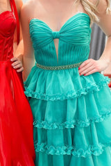 A-Line Strapless Keyhole Layered Floor Length Sweep Prom Dress, Slit