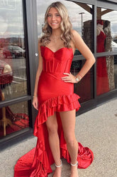 Strapless Mermaid Ruffles Satin Asymmetrical Formal Prom Dress