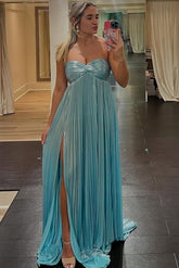 Metallic Strapless Sweetheart Pleated A-Line Long Prom Dress