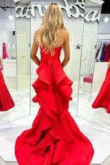 Strapless Red Satin Ruffles Train Mermaid Sleeveless Prom Dress