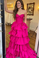 Strapless A-Line Sweetheart Layered Satin Ruched Long Prom Dress