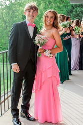 Pink Spaghetti Straps Ruffles Sleeveless Lace-Up Long Prom Dress