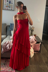 Pink Spaghetti Straps Ruffles Sleeveless Lace-Up Long Prom Dress