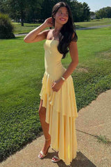 Strapless Yellow Satin Asymmetrical Layered Pleats Prom Party Dress