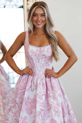 A-line Pink Satin Square Neck Jacquard Long Formal Prom Dress, Pearls