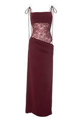 Straps Burgundy Sheer Tight Long Dress