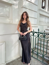 Black Sexy Sheath Spaghetti Straps Satin Prom Dress Outfits