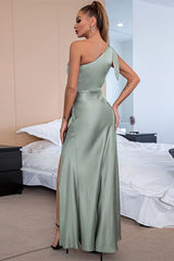 Sage Green Satin One-Shoulder Cutout Long Party Dress